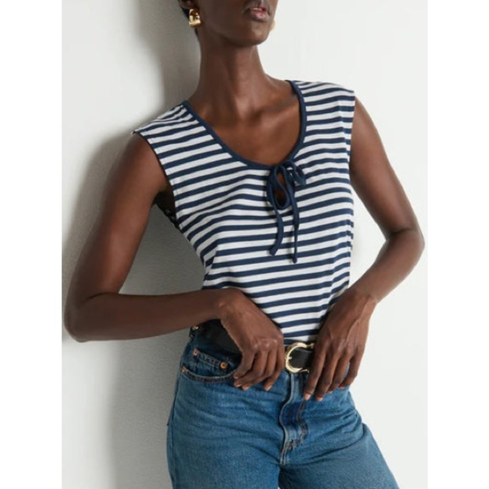 NATION LTD Kacy Tank Top Navy Stripe Tie Keyhole PIMA Cotton Size Small NWT